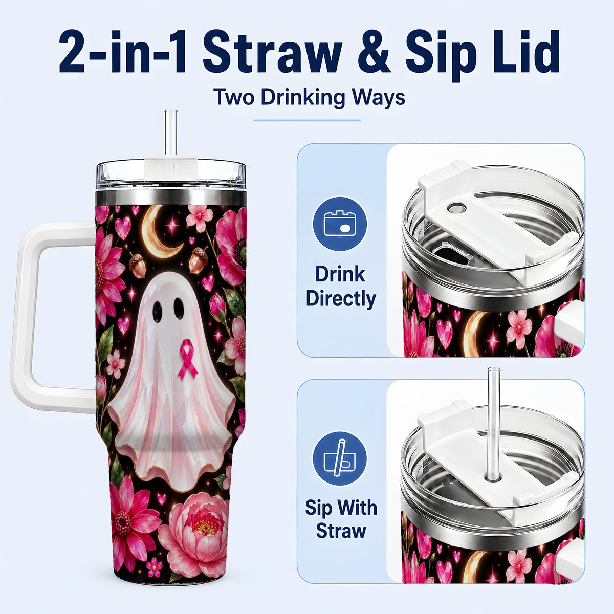 #pl[40oz|White] Gem Style Pink Ghost 40oz Tumbler with Handle, Floral Ribbon Travel Cup