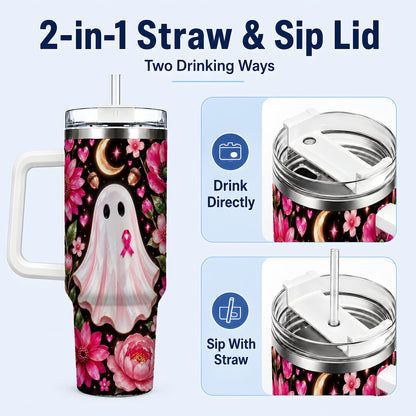 #pl[40oz|White] Gem Style Pink Ghost 40oz Tumbler with Handle, Floral Ribbon Travel Cup