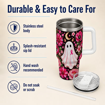 #pl[40oz|White] Gem Style Pink Ghost 40oz Tumbler with Handle, Floral Ribbon Travel Cup