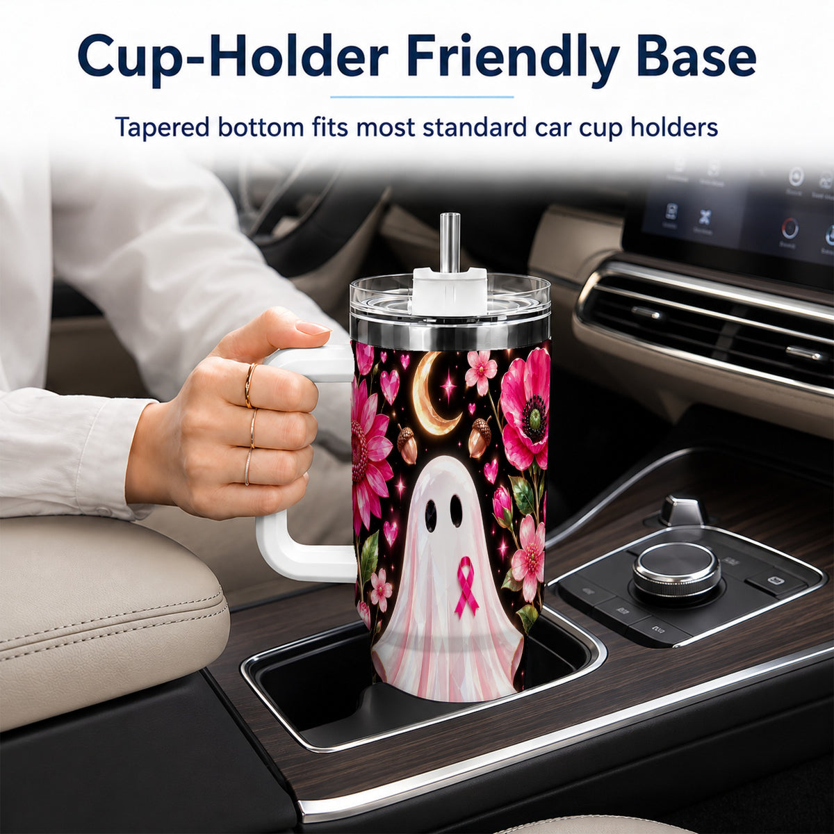 #pl[40oz|White] Gem Style Pink Ghost 40oz Tumbler with Handle, Floral Ribbon Travel Cup