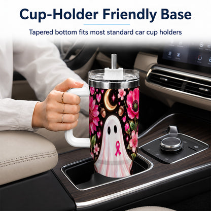 #pl[40oz|White] Gem Style Pink Ghost 40oz Tumbler with Handle, Floral Ribbon Travel Cup