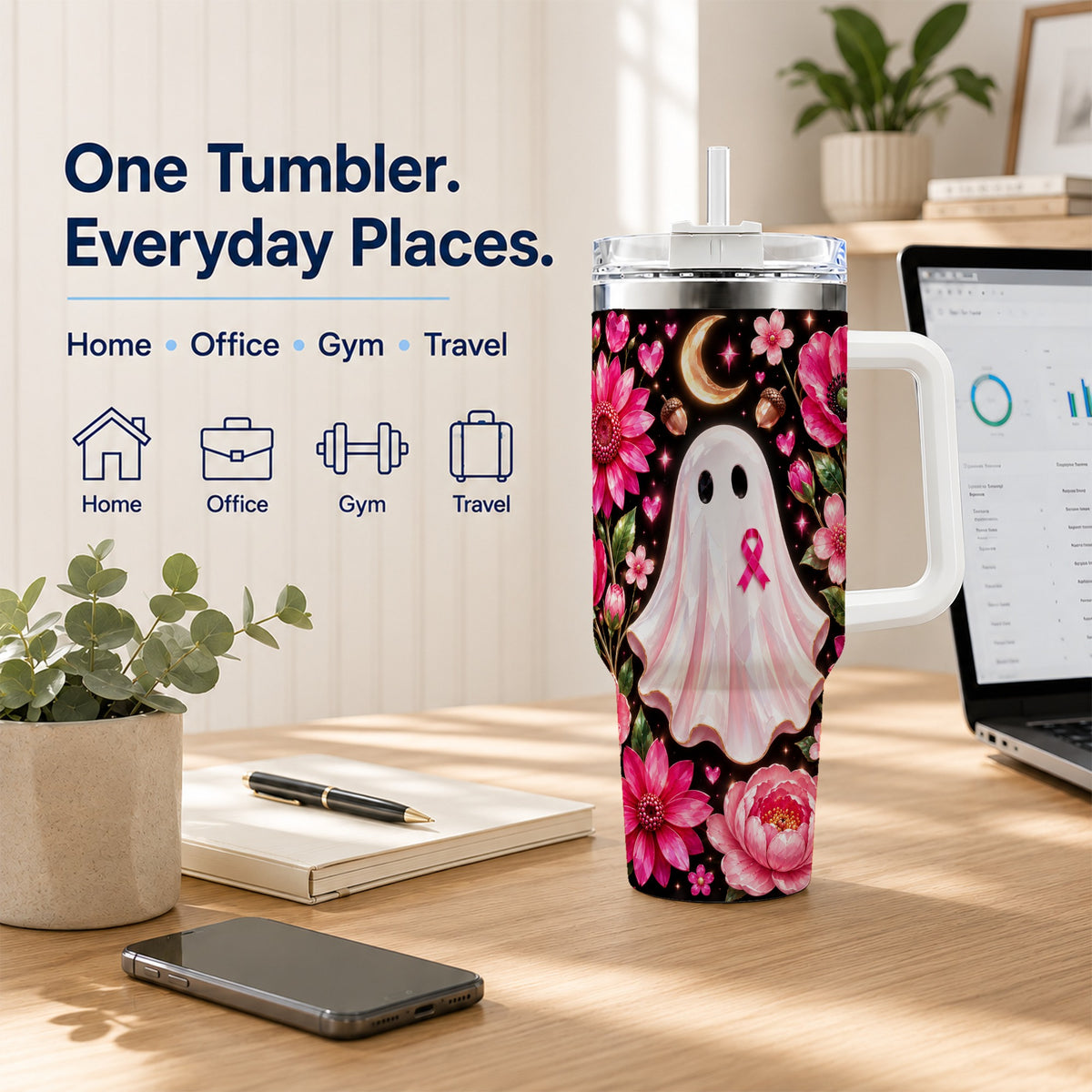 #pl[40oz|White] Gem Style Pink Ghost 40oz Tumbler with Handle, Floral Ribbon Travel Cup