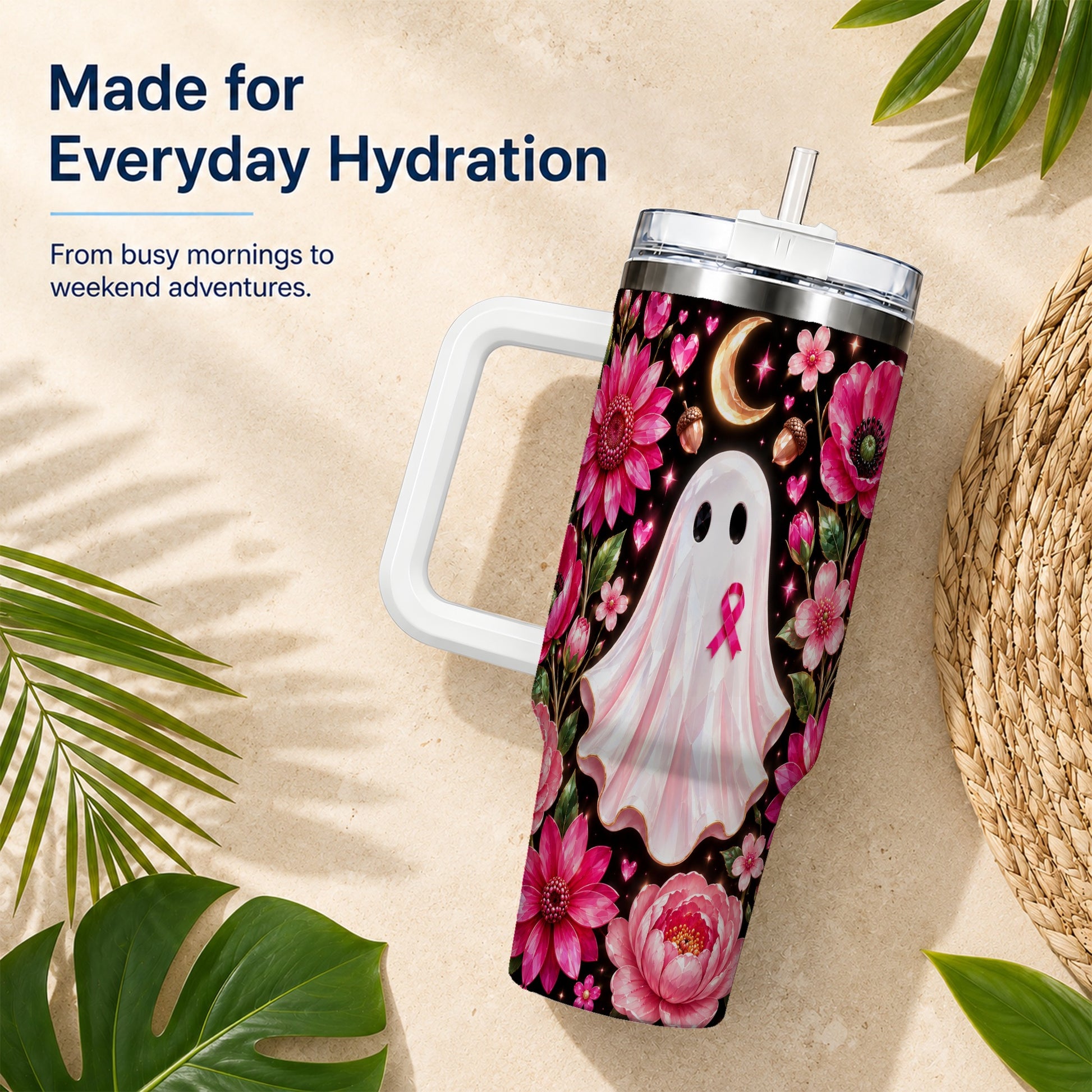 #pl[40oz|White] Gem Style Pink Ghost 40oz Tumbler with Handle, Floral Ribbon Travel Cup