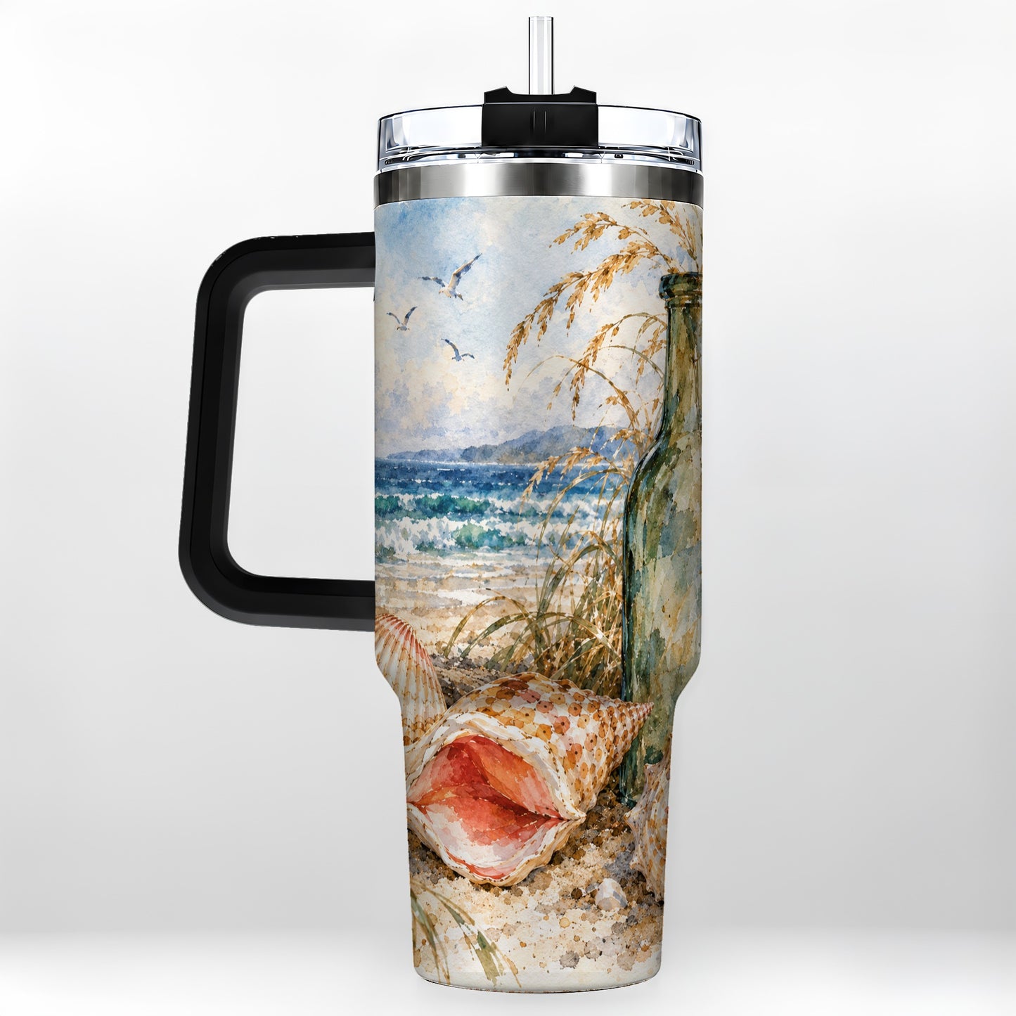 #pl[40oz|Black] Coastal Seashell 40oz Tumbler with Handle, Beach Bottle Travel Cup