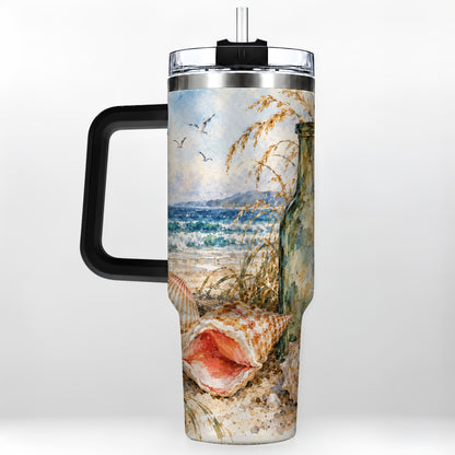 #pl[40oz|Black] Coastal Seashell 40oz Tumbler with Handle, Beach Bottle Travel Cup