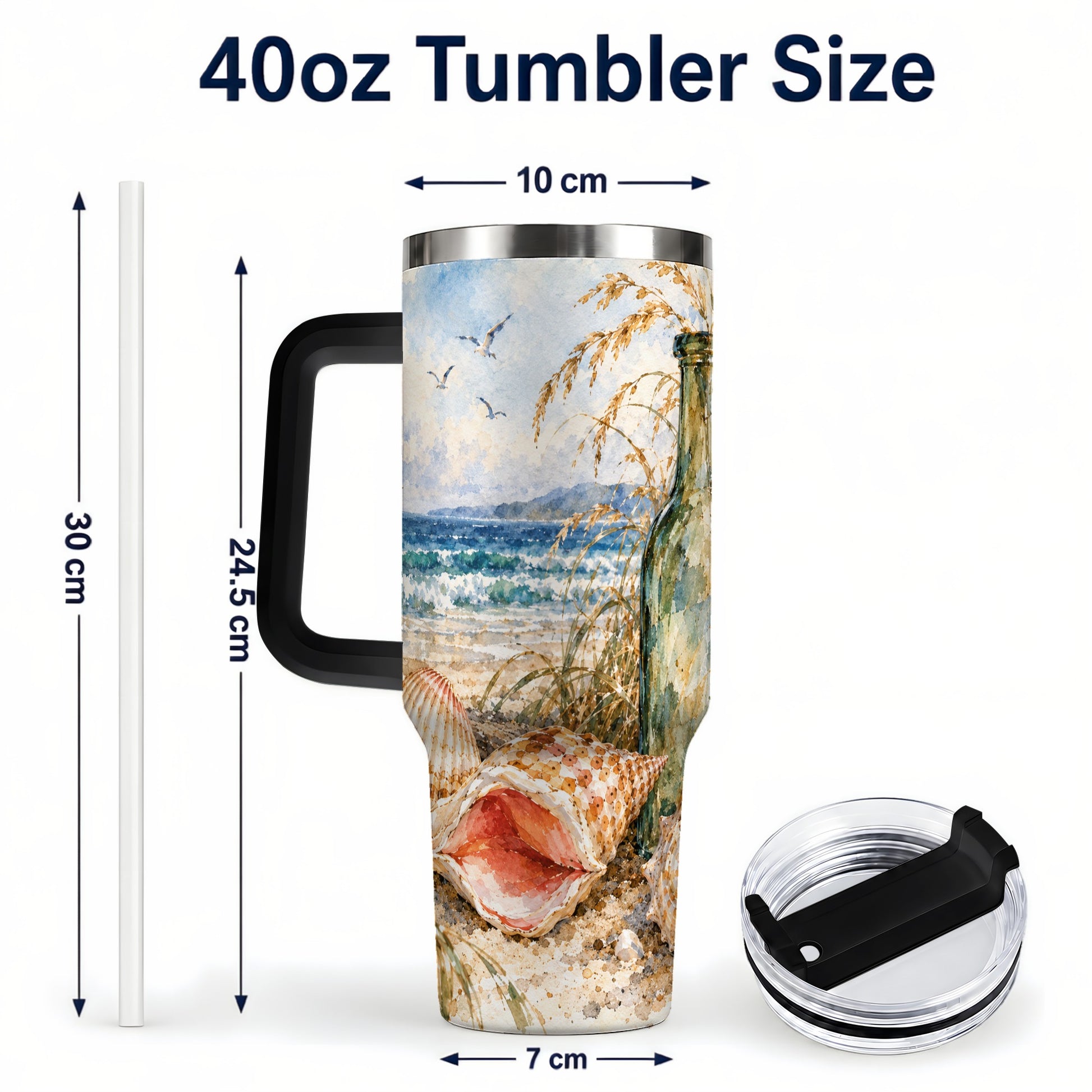 #pl[40oz|Black] Coastal Seashell 40oz Tumbler with Handle, Beach Bottle Travel Cup