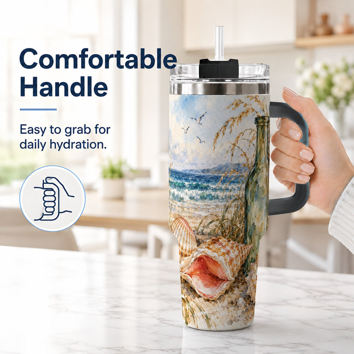 #pl[40oz|Black] Coastal Seashell 40oz Tumbler with Handle, Beach Bottle Travel Cup
