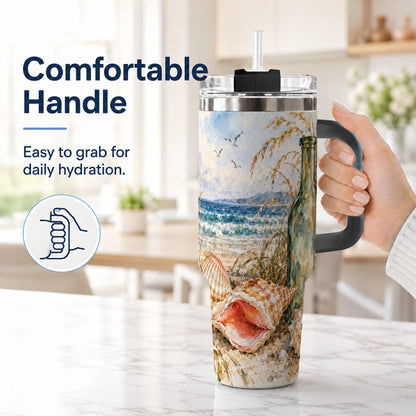 #pl[40oz|Black] Coastal Seashell 40oz Tumbler with Handle, Beach Bottle Travel Cup