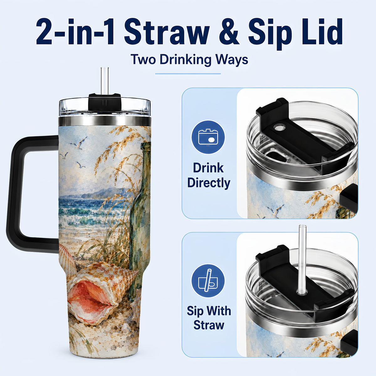 #pl[40oz|Black] Coastal Seashell 40oz Tumbler with Handle, Beach Bottle Travel Cup