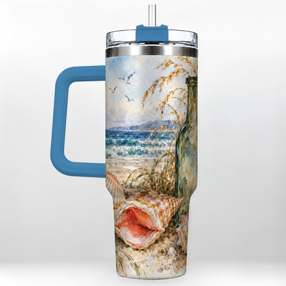 #pl[40oz|Blue] Coastal Seashell 40oz Tumbler with Handle, Beach Bottle Travel Cup