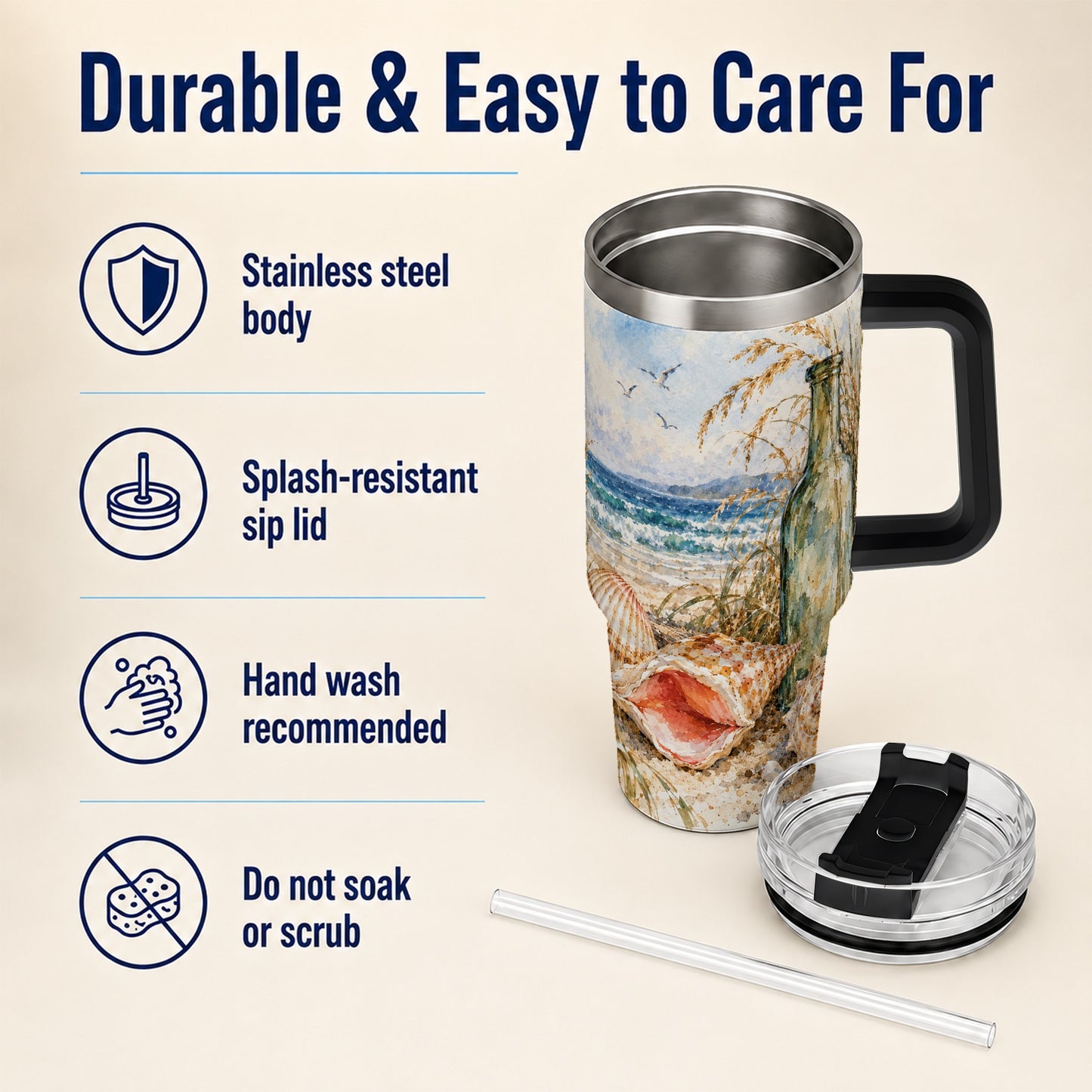 #pl[40oz|Black] Coastal Seashell 40oz Tumbler with Handle, Beach Bottle Travel Cup
