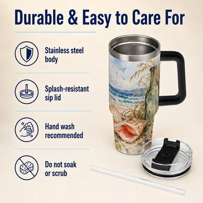 #pl[40oz|Black] Coastal Seashell 40oz Tumbler with Handle, Beach Bottle Travel Cup
