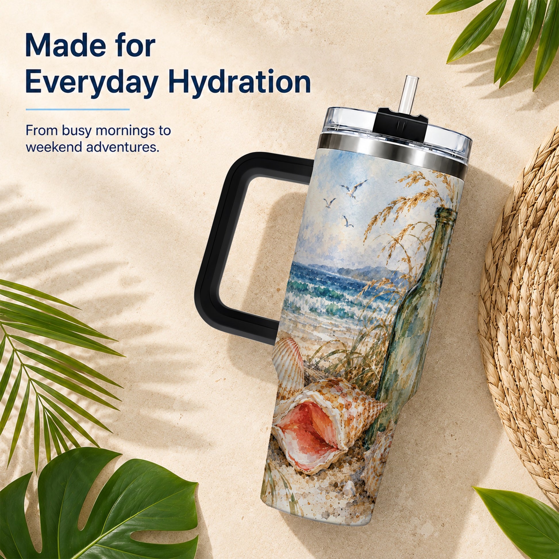 #pl[40oz|Black] Coastal Seashell 40oz Tumbler with Handle, Beach Bottle Travel Cup
