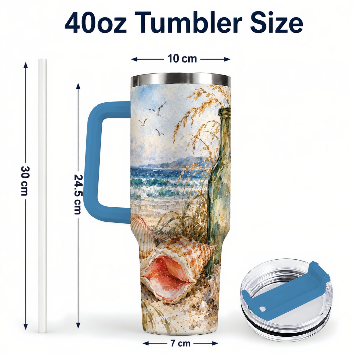 #pl[40oz|Blue] Coastal Seashell 40oz Tumbler with Handle, Beach Bottle Travel Cup