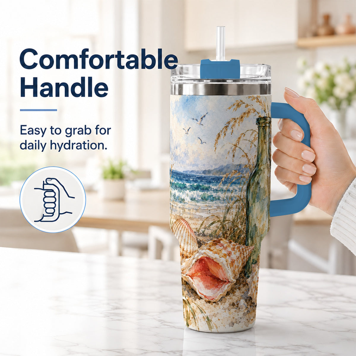 #pl[40oz|Blue] Coastal Seashell 40oz Tumbler with Handle, Beach Bottle Travel Cup