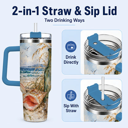 #pl[40oz|Blue] Coastal Seashell 40oz Tumbler with Handle, Beach Bottle Travel Cup
