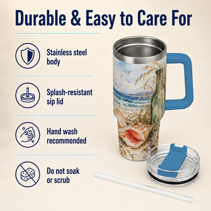 #pl[40oz|Blue] Coastal Seashell 40oz Tumbler with Handle, Beach Bottle Travel Cup