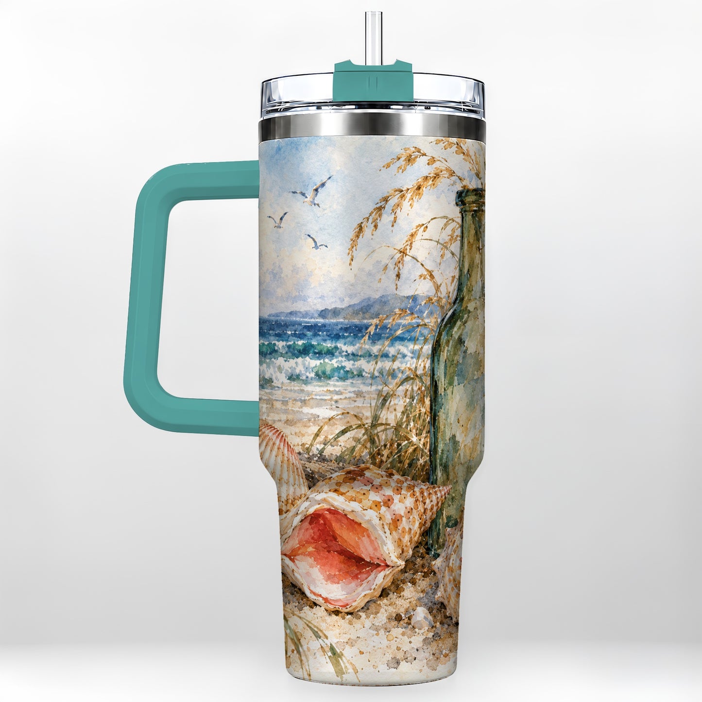 #pl[40oz|Green] Coastal Seashell 40oz Tumbler with Handle, Beach Bottle Travel Cup