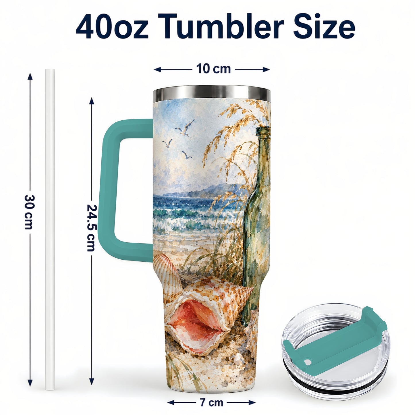 #pl[40oz|Green] Coastal Seashell 40oz Tumbler with Handle, Beach Bottle Travel Cup