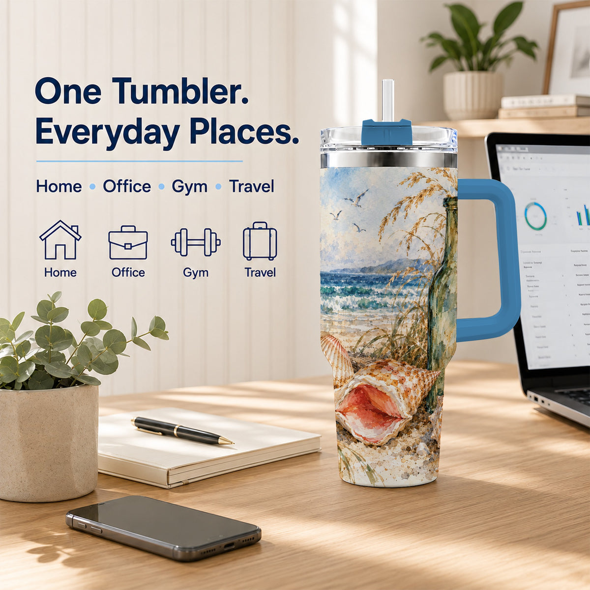 #pl[40oz|Blue] Coastal Seashell 40oz Tumbler with Handle, Beach Bottle Travel Cup