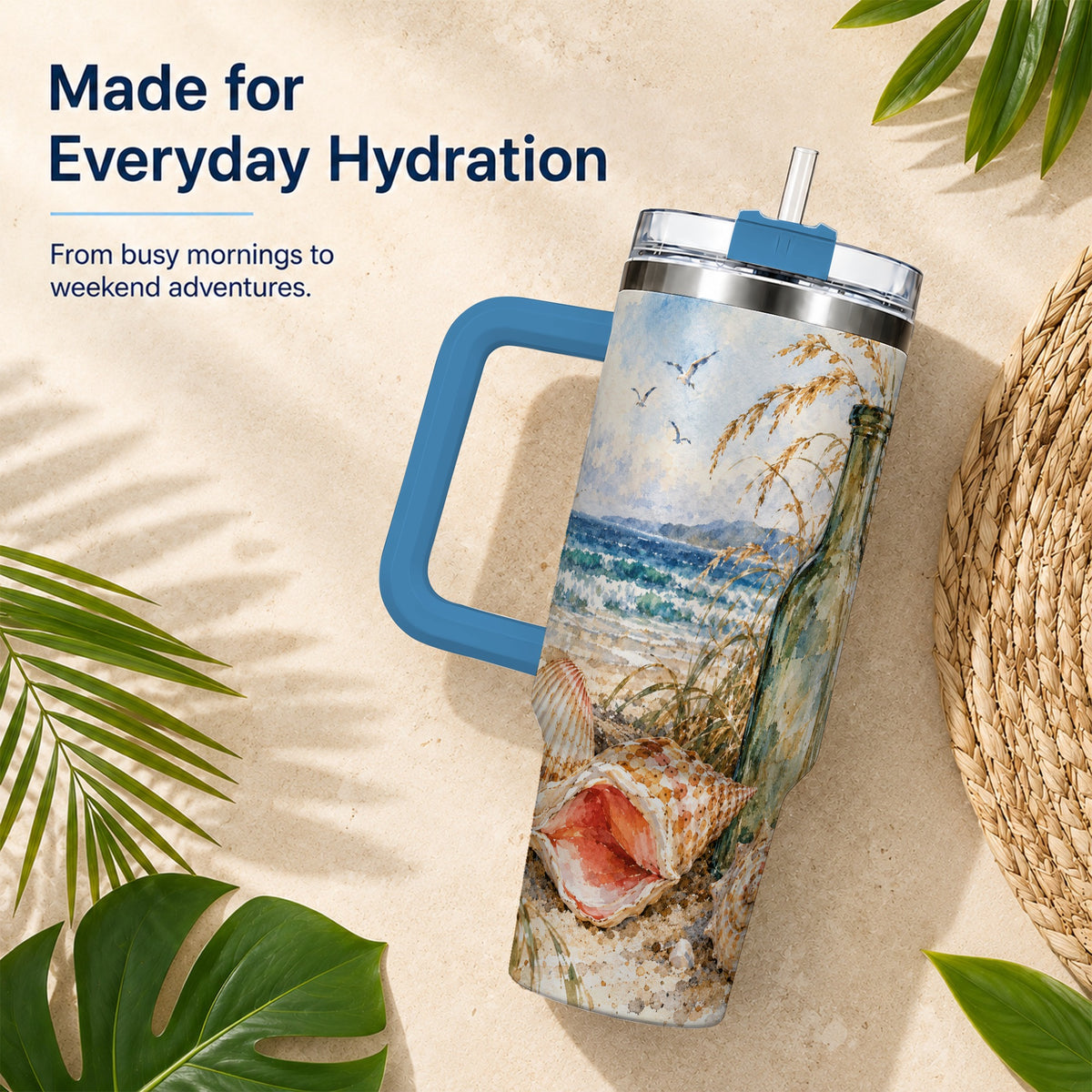 #pl[40oz|Blue] Coastal Seashell 40oz Tumbler with Handle, Beach Bottle Travel Cup