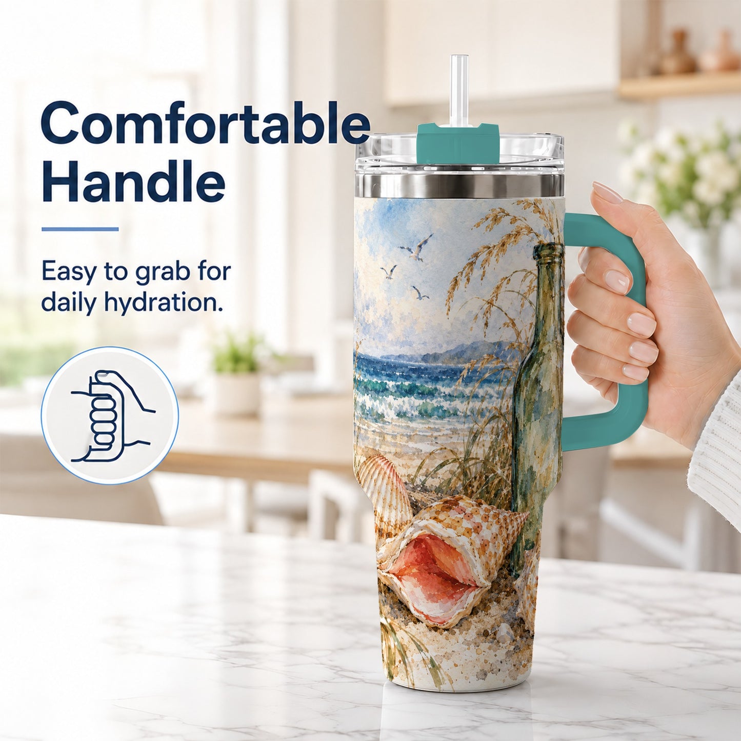 #pl[40oz|Green] Coastal Seashell 40oz Tumbler with Handle, Beach Bottle Travel Cup