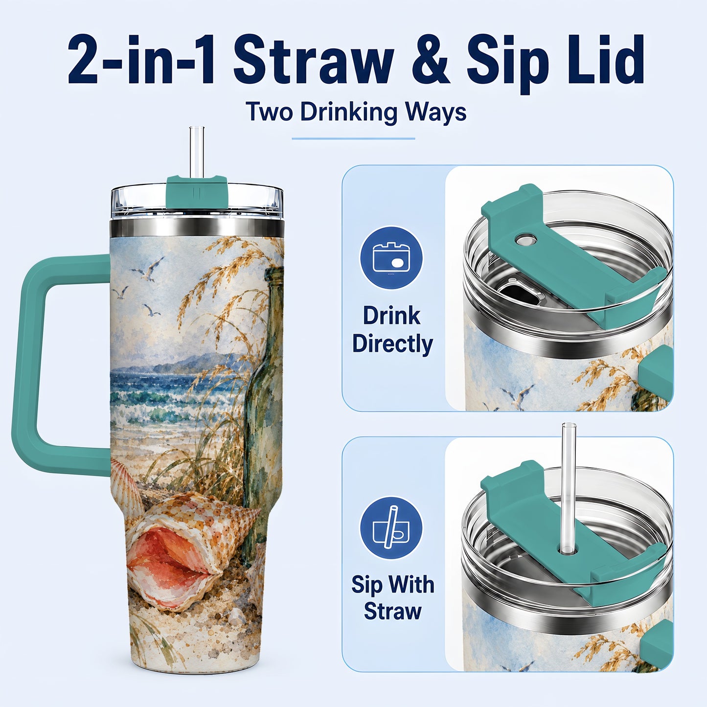 #pl[40oz|Green] Coastal Seashell 40oz Tumbler with Handle, Beach Bottle Travel Cup