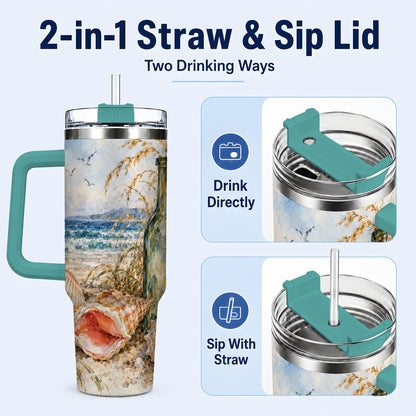 #pl[40oz|Green] Coastal Seashell 40oz Tumbler with Handle, Beach Bottle Travel Cup