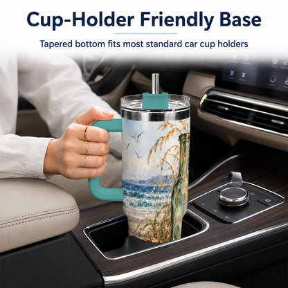 #pl[40oz|Green] Coastal Seashell 40oz Tumbler with Handle, Beach Bottle Travel Cup