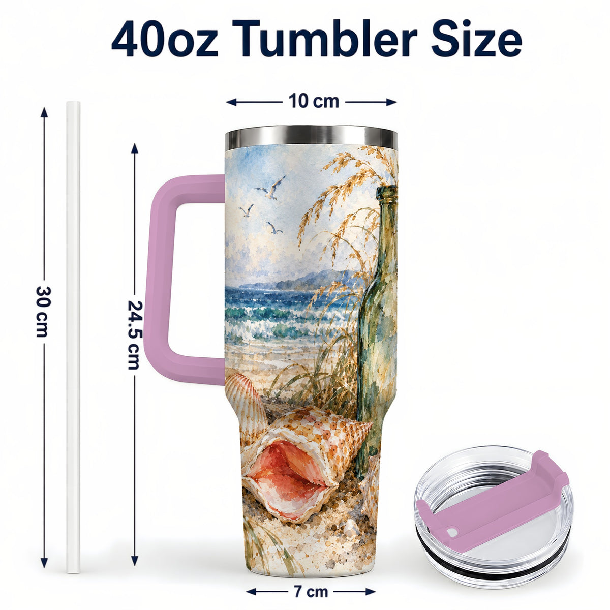 #pl[40oz|Pink] Coastal Seashell 40oz Tumbler with Handle, Beach Bottle Travel Cup