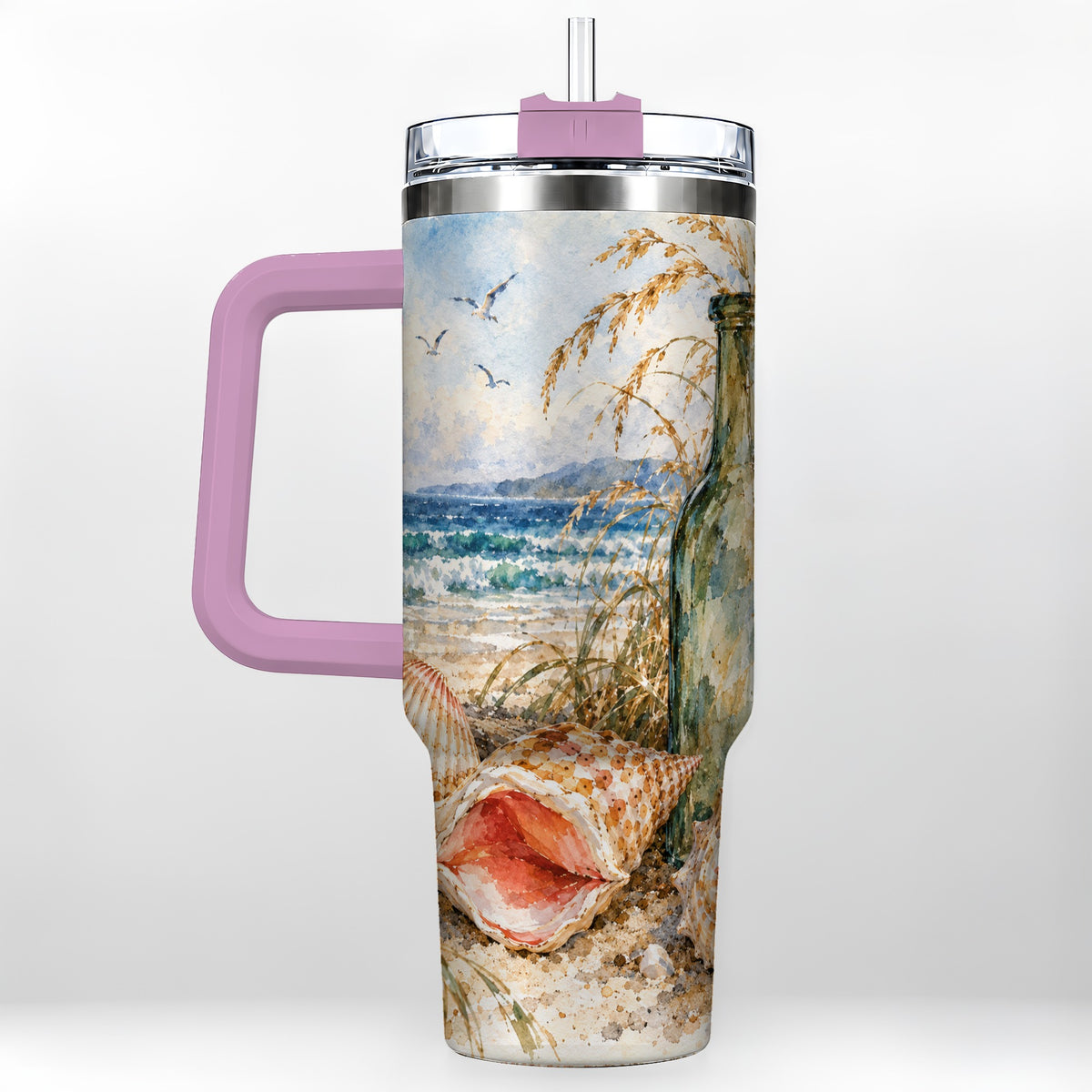 #pl[40oz|Pink] Coastal Seashell 40oz Tumbler with Handle, Beach Bottle Travel Cup