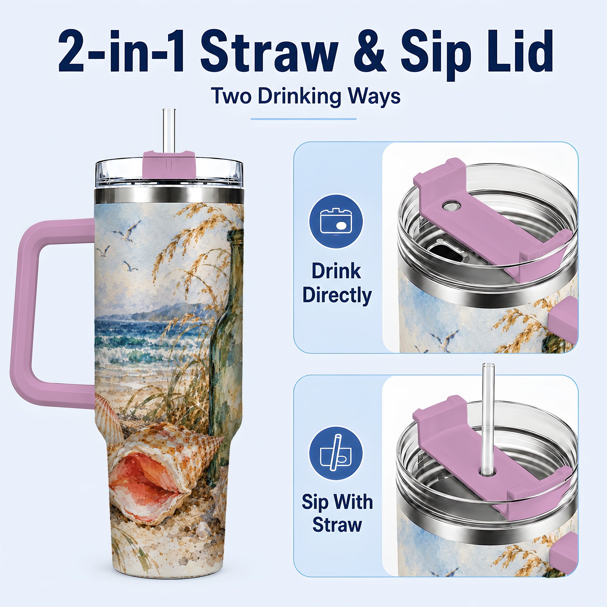 #pl[40oz|Pink] Coastal Seashell 40oz Tumbler with Handle, Beach Bottle Travel Cup