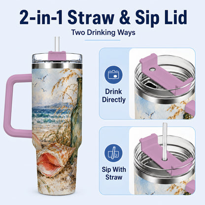 #pl[40oz|Pink] Coastal Seashell 40oz Tumbler with Handle, Beach Bottle Travel Cup