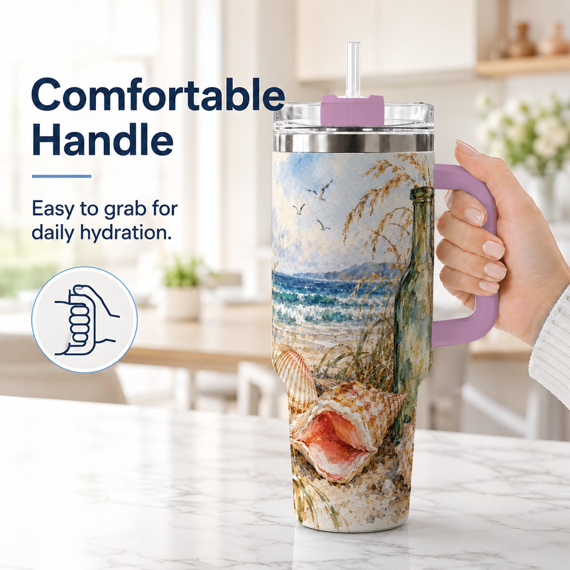 #pl[40oz|Pink] Coastal Seashell 40oz Tumbler with Handle, Beach Bottle Travel Cup