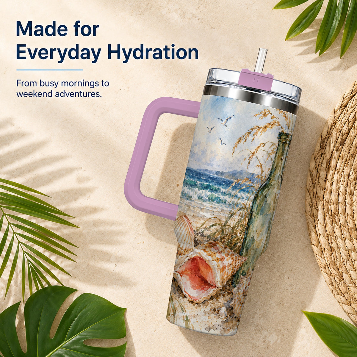 #pl[40oz|Pink] Coastal Seashell 40oz Tumbler with Handle, Beach Bottle Travel Cup