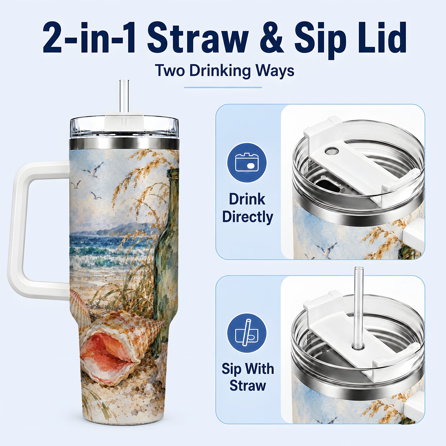 #pl[40oz|White] Coastal Seashell 40oz Tumbler with Handle, Beach Bottle Travel Cup