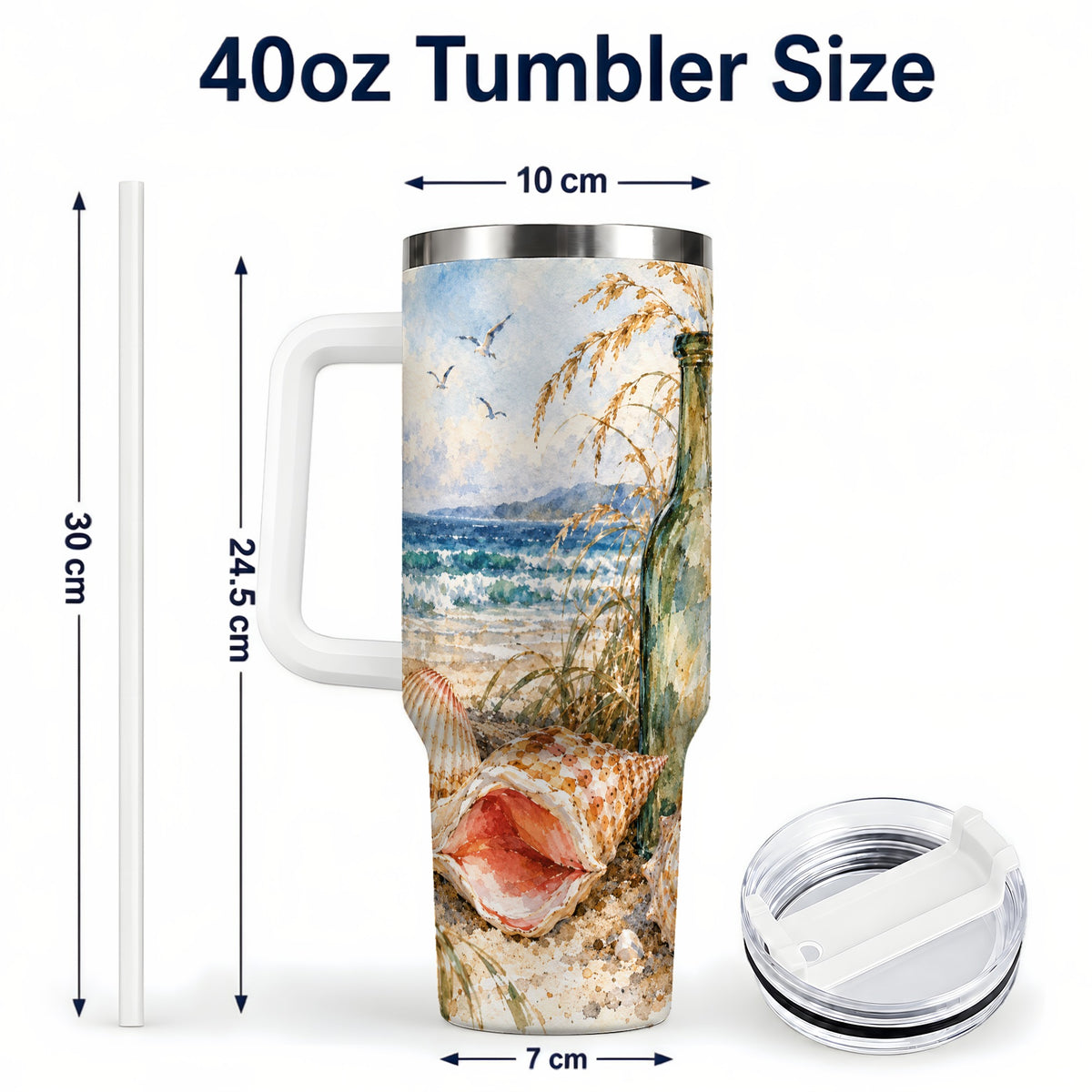 #pl[40oz|White] Coastal Seashell 40oz Tumbler with Handle, Beach Bottle Travel Cup