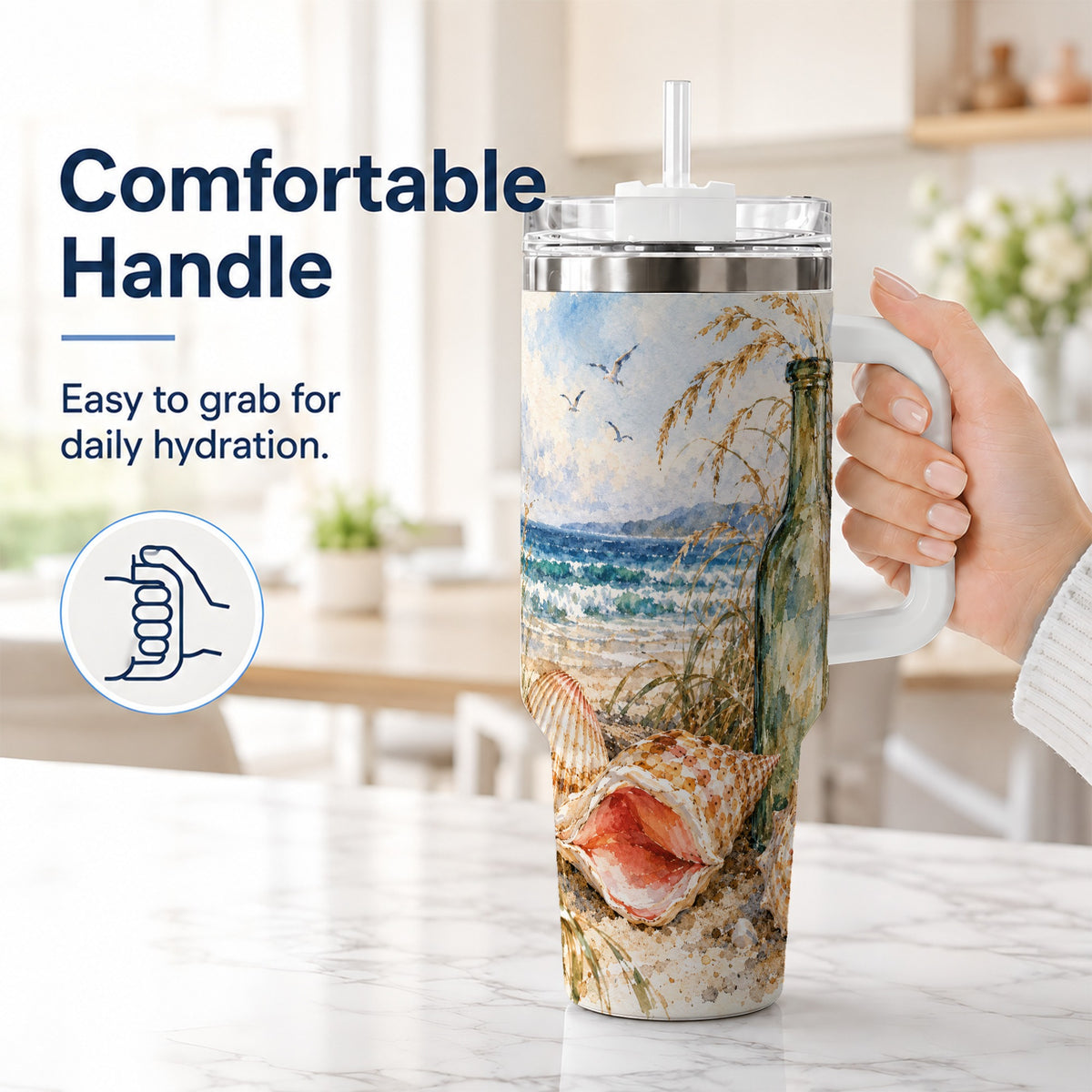 #pl[40oz|White] Coastal Seashell 40oz Tumbler with Handle, Beach Bottle Travel Cup