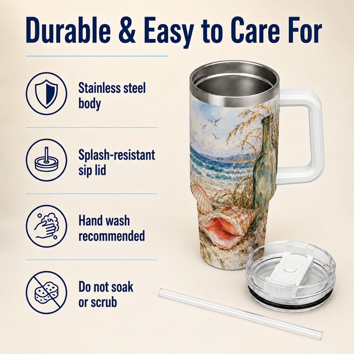 #pl[40oz|White] Coastal Seashell 40oz Tumbler with Handle, Beach Bottle Travel Cup