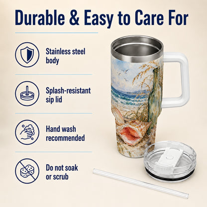 #pl[40oz|White] Coastal Seashell 40oz Tumbler with Handle, Beach Bottle Travel Cup