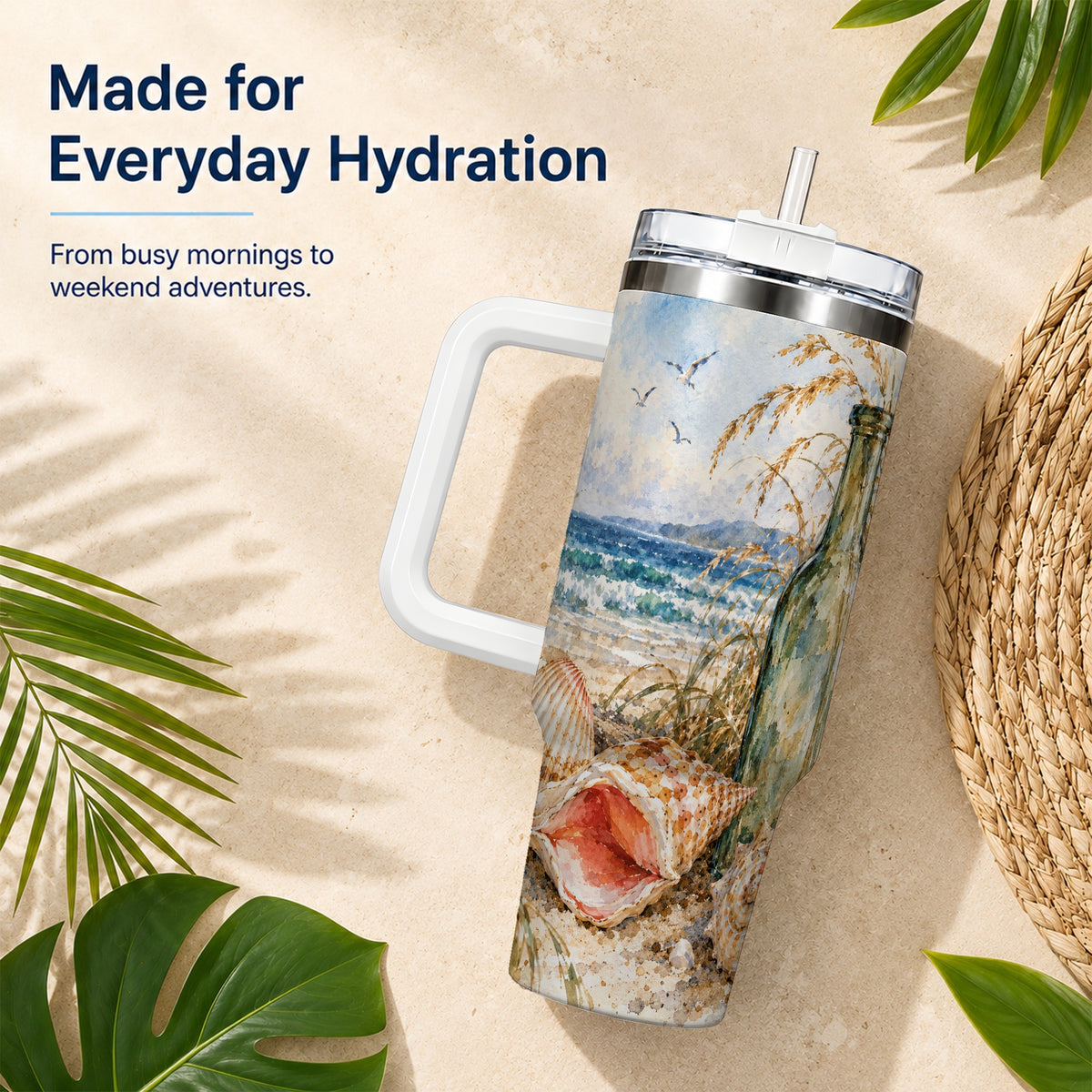 #pl[40oz|White] Coastal Seashell 40oz Tumbler with Handle, Beach Bottle Travel Cup