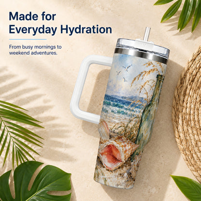 #pl[40oz|White] Coastal Seashell 40oz Tumbler with Handle, Beach Bottle Travel Cup