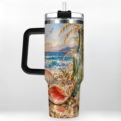 #pl[40oz|Black] Gem Style Seashell 40oz Tumbler with Handle, Coastal Travel Cup
