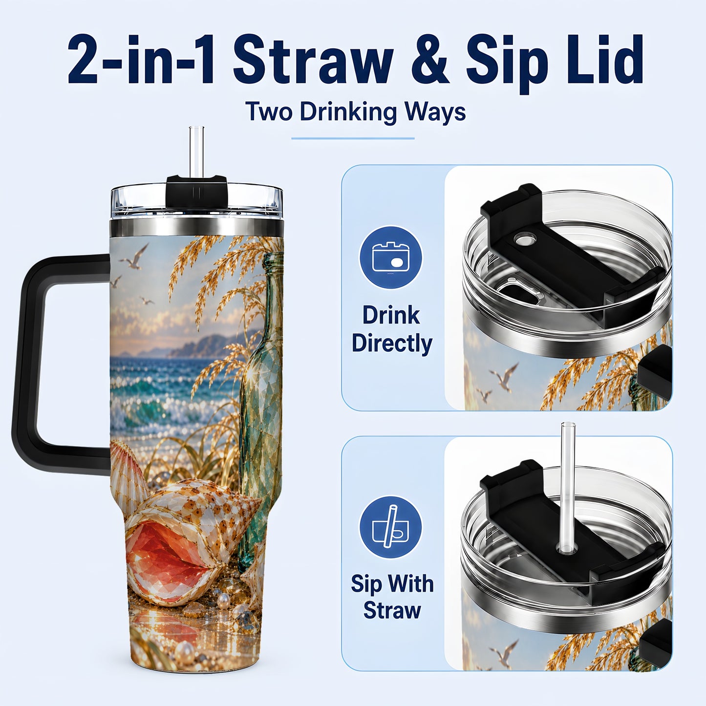 #pl[40oz|Black] Gem Style Seashell 40oz Tumbler with Handle, Coastal Travel Cup