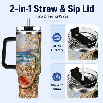 #pl[40oz|Black] Gem Style Seashell 40oz Tumbler with Handle, Coastal Travel Cup