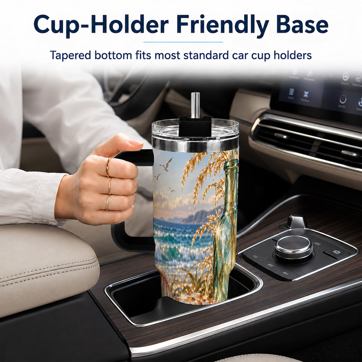 #pl[40oz|Black] Gem Style Seashell 40oz Tumbler with Handle, Coastal Travel Cup