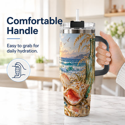 #pl[40oz|Black] Gem Style Seashell 40oz Tumbler with Handle, Coastal Travel Cup