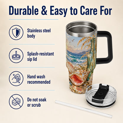 #pl[40oz|Black] Gem Style Seashell 40oz Tumbler with Handle, Coastal Travel Cup