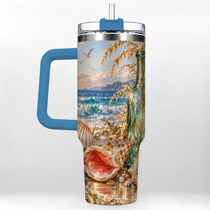 #pl[40oz|Blue] Gem Style Seashell 40oz Tumbler with Handle, Coastal Travel Cup