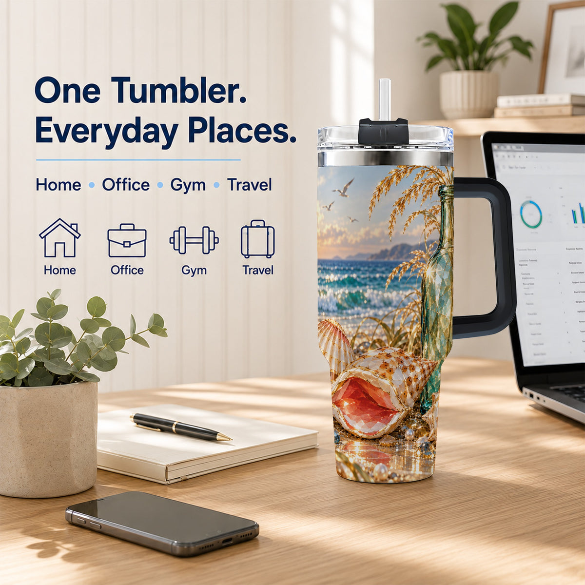 #pl[40oz|Black] Gem Style Seashell 40oz Tumbler with Handle, Coastal Travel Cup